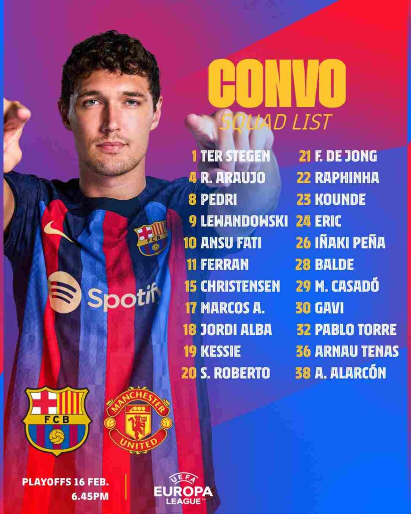 Manchester United Match Preview with Predicted Lineup and Squad List (Barcelona vs Manchester United) UEFA Europa League Playoffs - Leg 1 After recording consecutive wins in the Domestic league, FC Barcelona turn their attention to the Europa League after unfortunately getting eliminated from the group stages of the Champions League last year. #EuropaLeague #UEL #ManUtdBarcelona #UEFA #BarcaManUtd #ManchesterUnited   #raphinha #barca #fcblive #fcbarcelona #alba #pedri #gavi #barcanews #LaLiga #CopaDelRey #frenkiedejong #lewandowski #xavi #terstergen #alba
